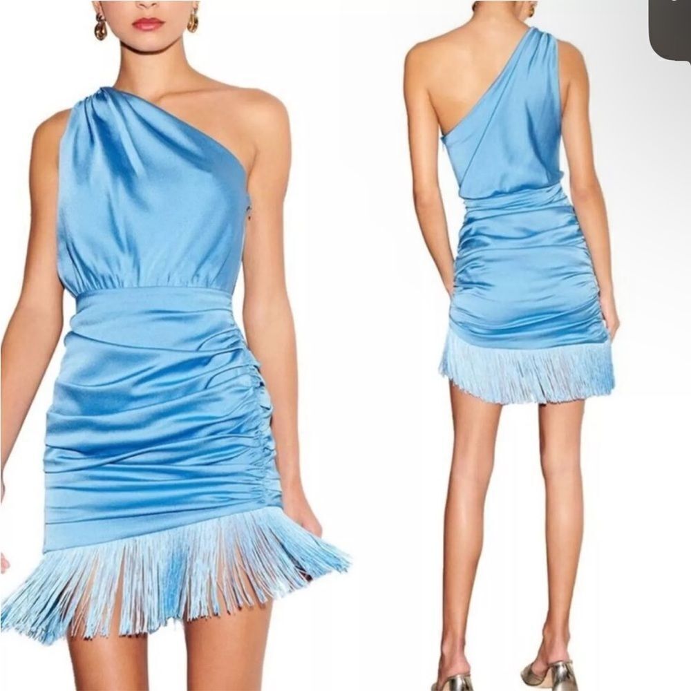 Saylor Sainte one shoulder fringe hem blue Mini Dress NWT $264